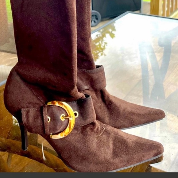 Madeline sexy boots in soft suede, Gold Buckle accent, 2.8" heel. - Picture 1 of 7